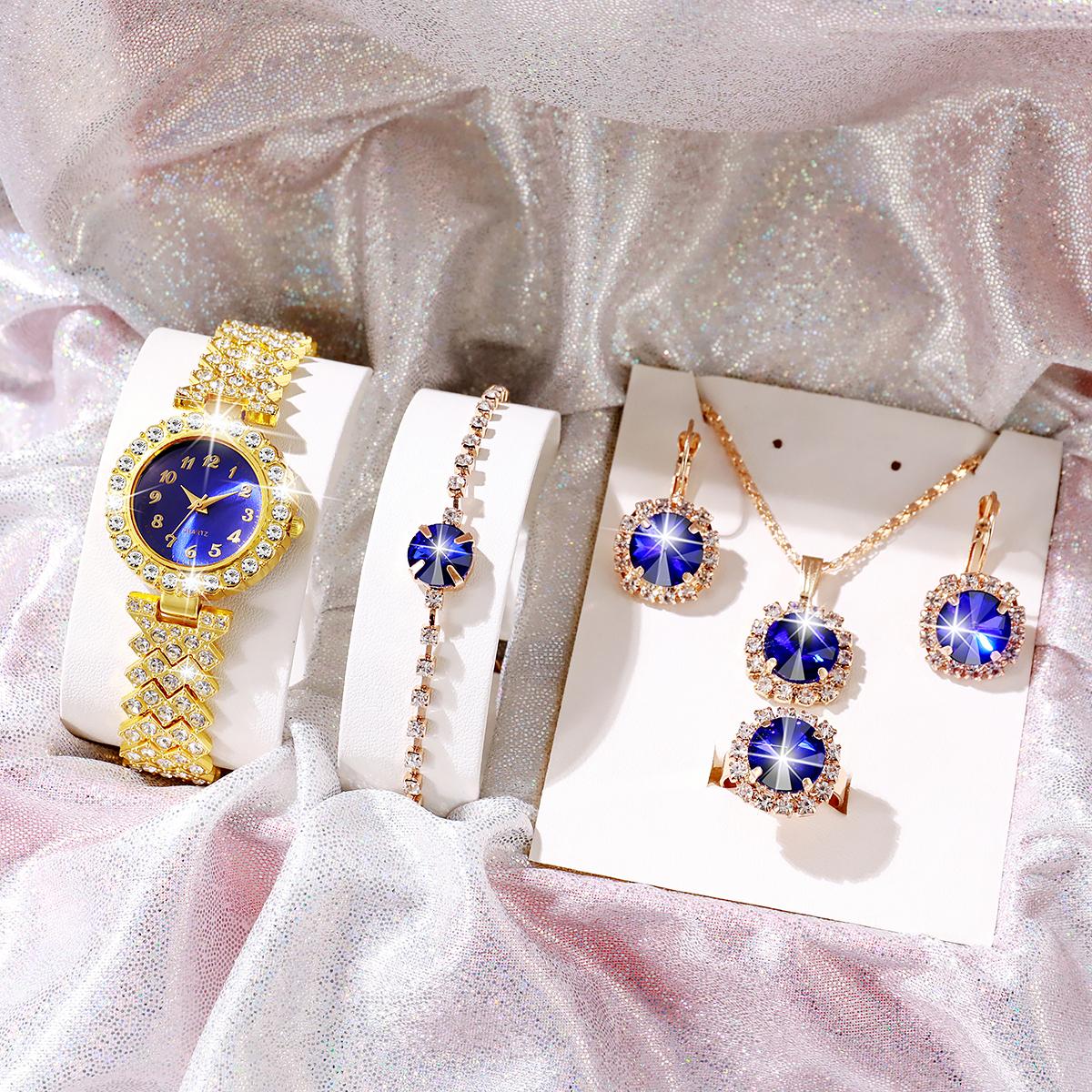 

Без подарочной коробки Новые модные женские часы с бриллиантами, маленькие свежие ретро простые часы полный бриллиантовый ювелирный набор из 5 предметов золотой