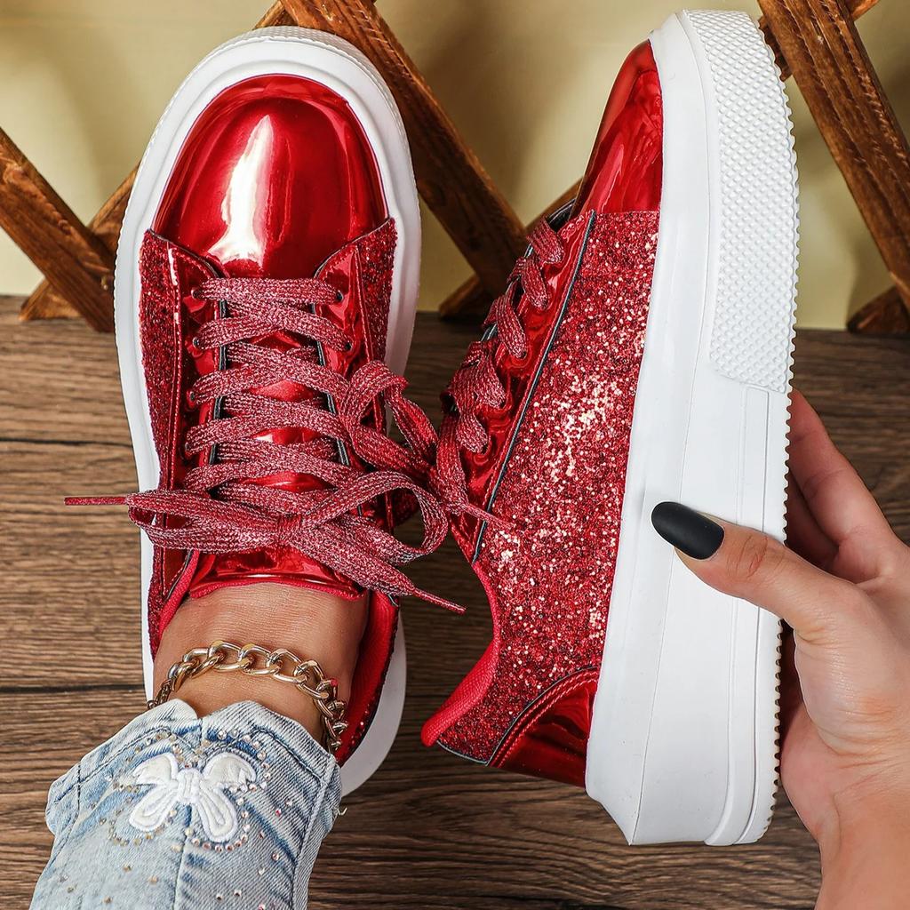 Damen Plateauschuhe Mode Pailletten klobige Schuhe PU-Leder Freizeit-Sneaker runde Zehenpartie Laufschuhe Tägliche vielseitige Schuhe