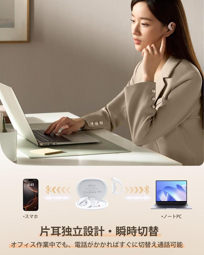 ACEFAST Open Ear Earphones, Bluetooth 5.4, Doesn't Block Your Ears, Completely Earphones, Type C, Air Conduction, ACEFIT Air White