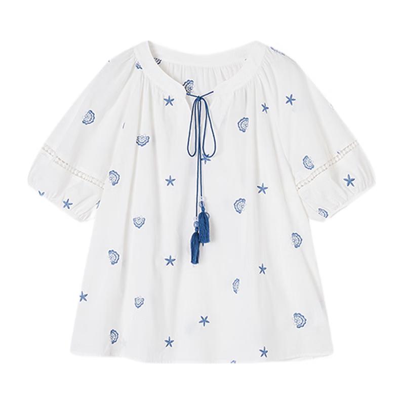 Women s French Style Embroidered Cotton Puff Sleeve Blouse L