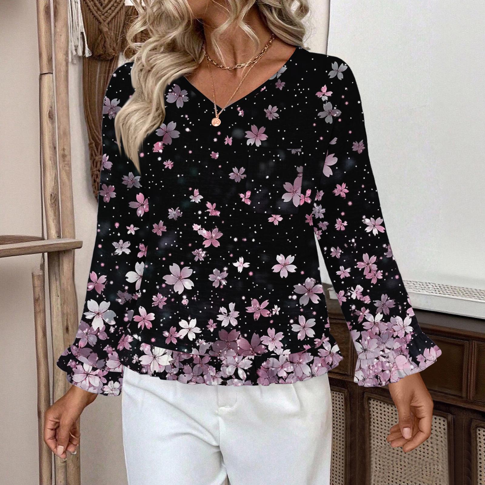 

Женский повседневный модный топ с оборками, V-образным вырезом, принтом и длинными рукавами XXL фиолетовый