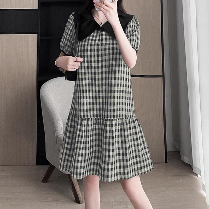 

ZANZEA Женское платье с кукольным воротником, свободного кроя, с коротким рукавом, в клетку S чёрный