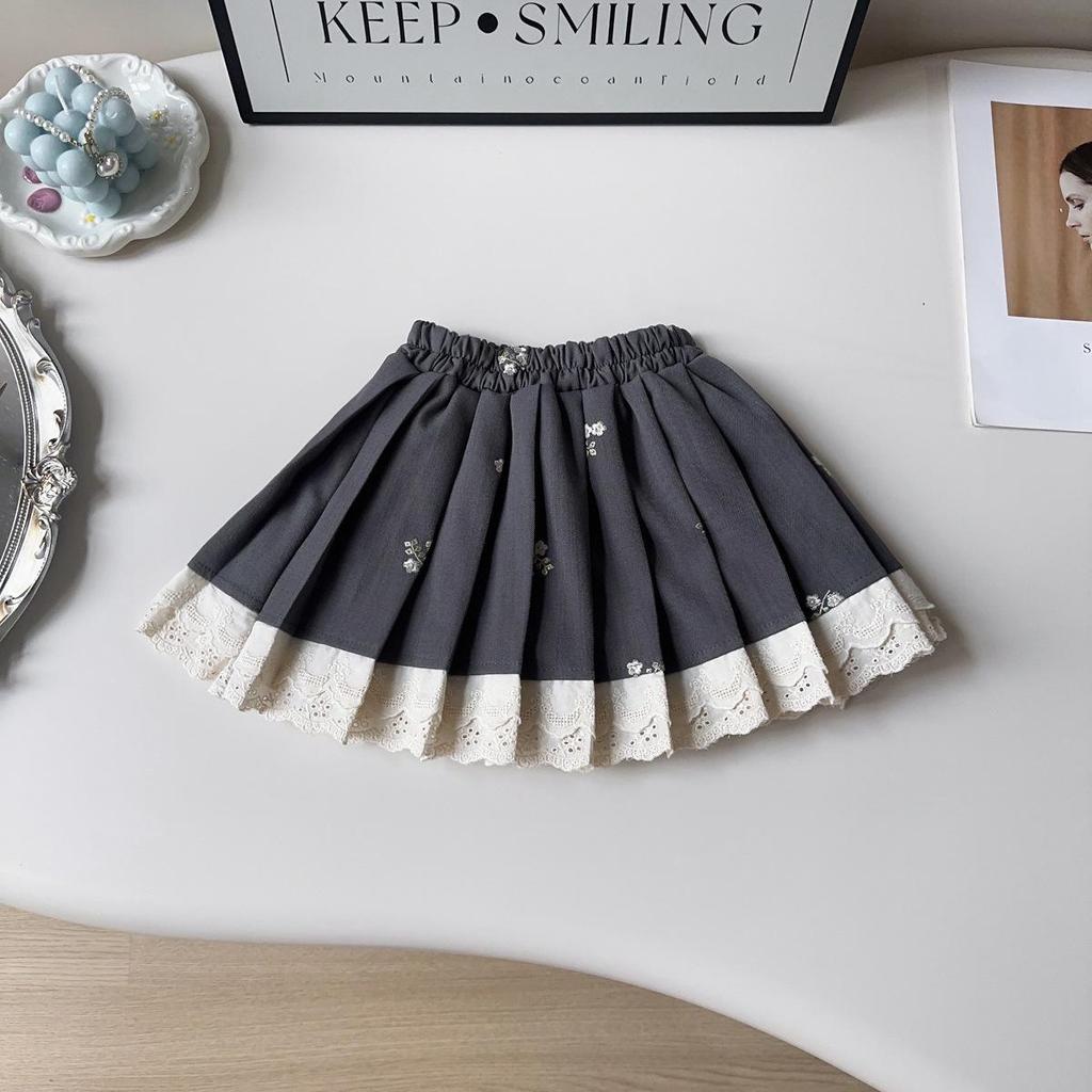 Girls' Stylish College-Style Embroidered Vest & Pleated Skirt Set for Autumn/Spring