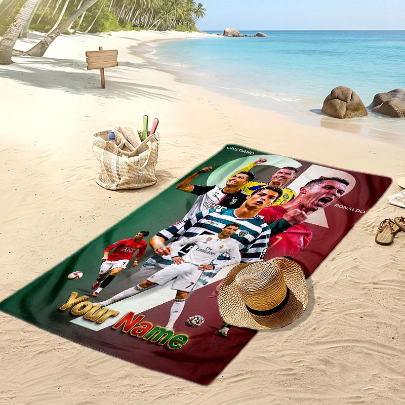 Asciugamano da Spiaggia Personalizzato Stampato Cristiano Ronaldo Logo Calcio Supporto Nome Personalizzato Testo Asciugamano Assorbente Per Sport Viaggio Regalo Speciale