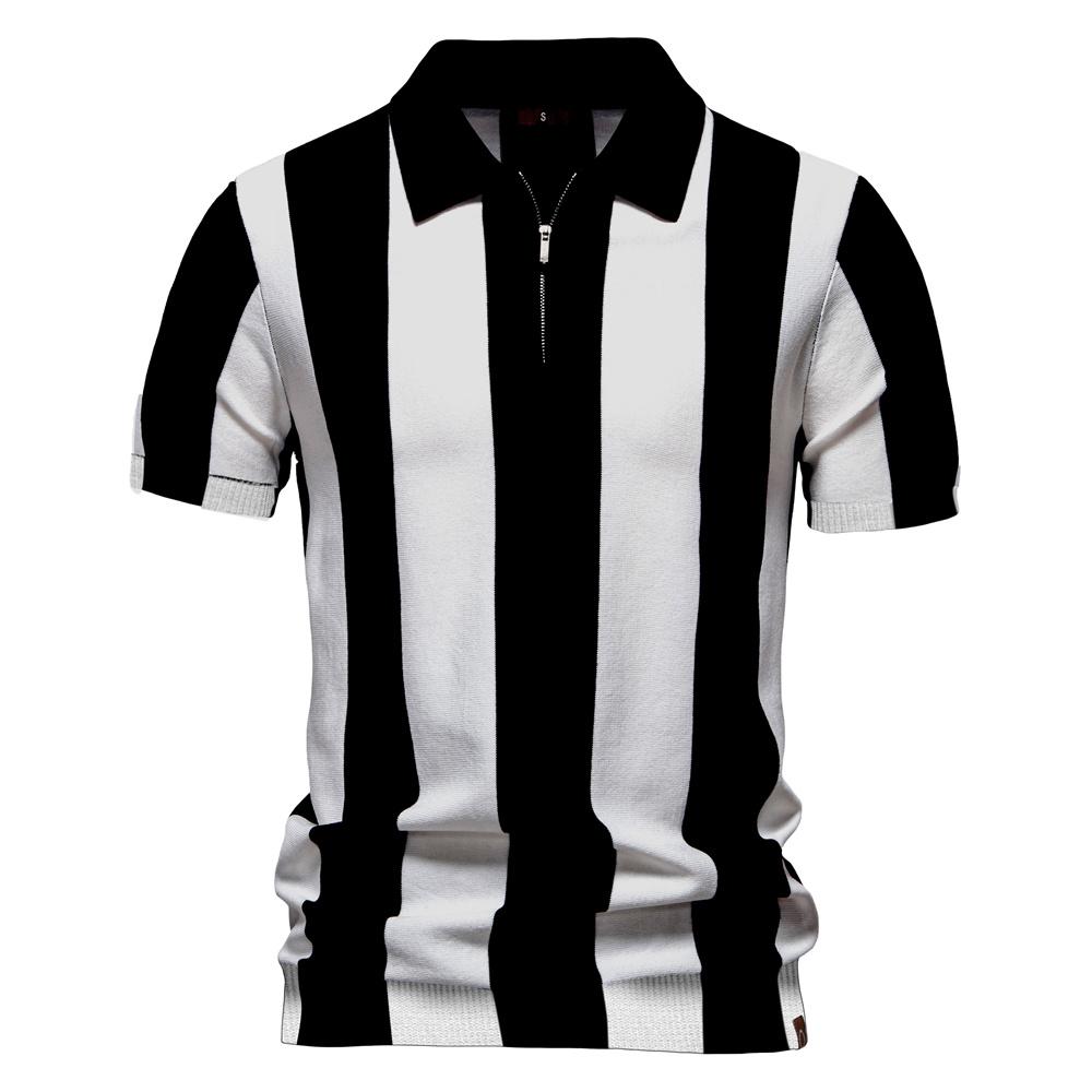 STORN New Summer Men's Breathable Striped Contrast Panel Polo Shirt Casual Short Sleeve Knit Shirt with Comfort Fit