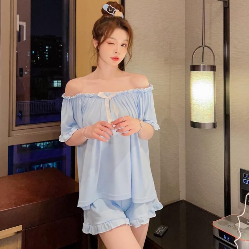 Sommer Jenter Todelt Kortermet Pyjamas med Båtutringning Sløyfe Ensfarget Dame Hjemmeklær av Tynn Myk Elastisk Løs Hjemmebekledning