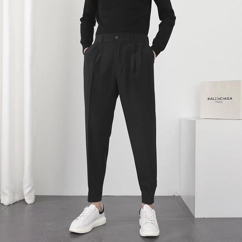Fashion Men Casual Pants Elastic Waist Small Feet Slim Korean Style Pleated Tapered Male Blazer Pants