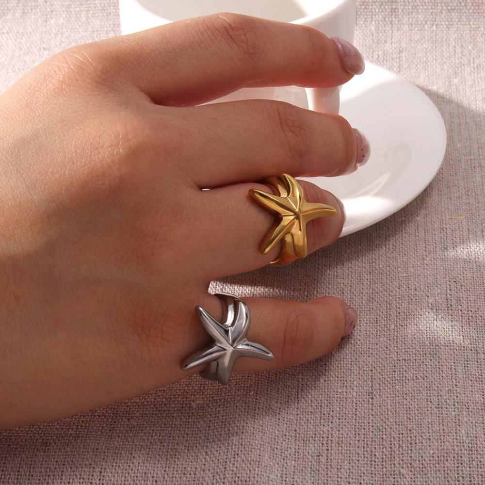 18K Goudkleurige Zeester Roestvrij Staal Ringen voor Vrouwen Mannen Nieuwe Mode Stijlvolle Sieraden Zomer Persoonlijkheid Waterdicht Cadeau