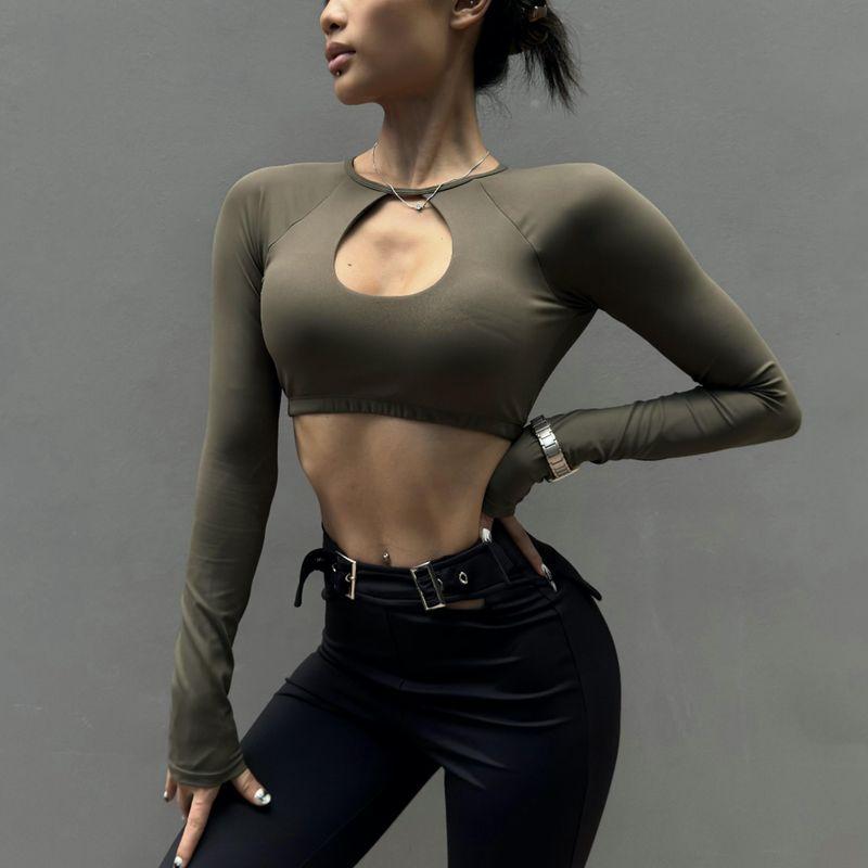 Fashion Long Sleeves Women s Cut Out Sexy Top Quick-Drying Yoga Forest Green S