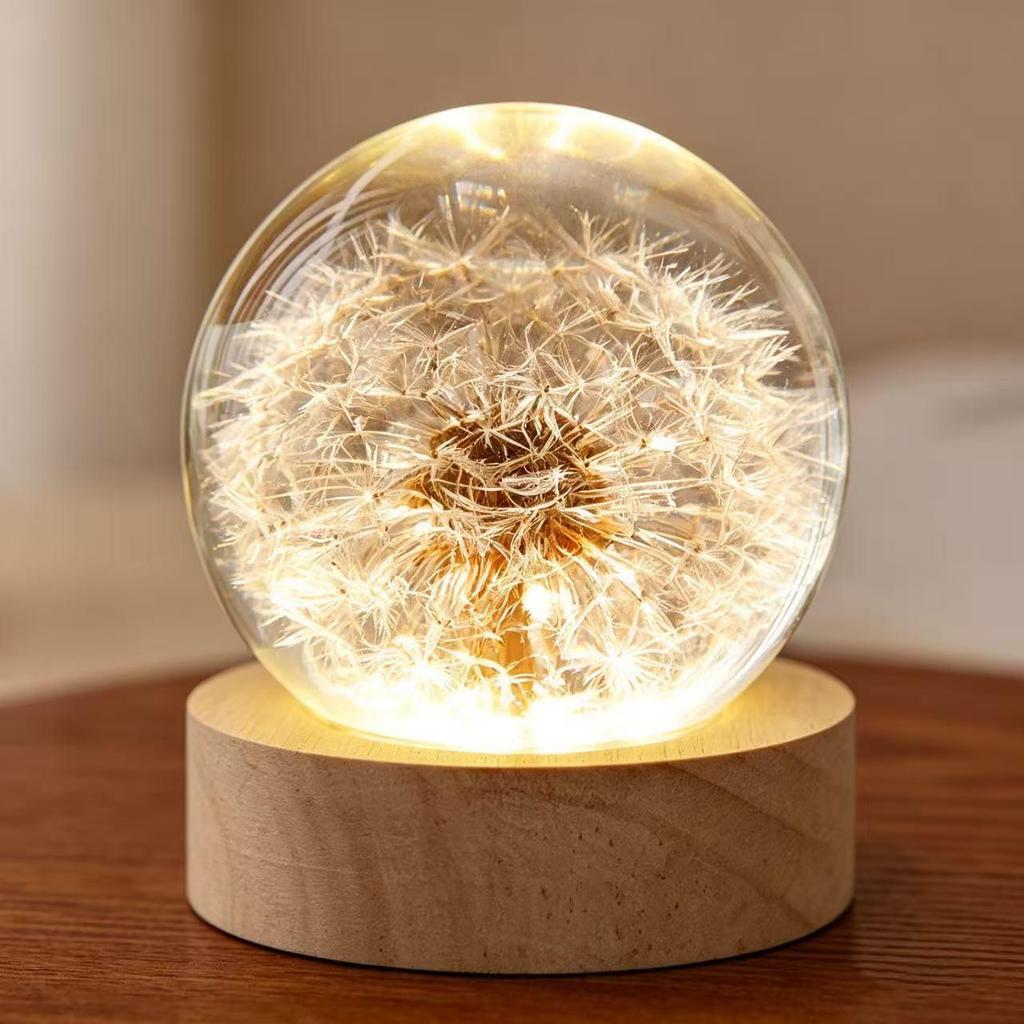 Dandelion Crystal Ball Night Light with Preserved Flower 3D Carving Luminous Resin Ornament.