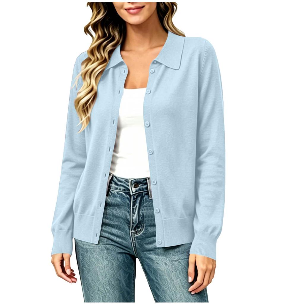 Women Lightweight Button Front Cardigan Sweater Long Sleeve Collared Knit Top Casual Layering Shirt Suitable for Various Outfits