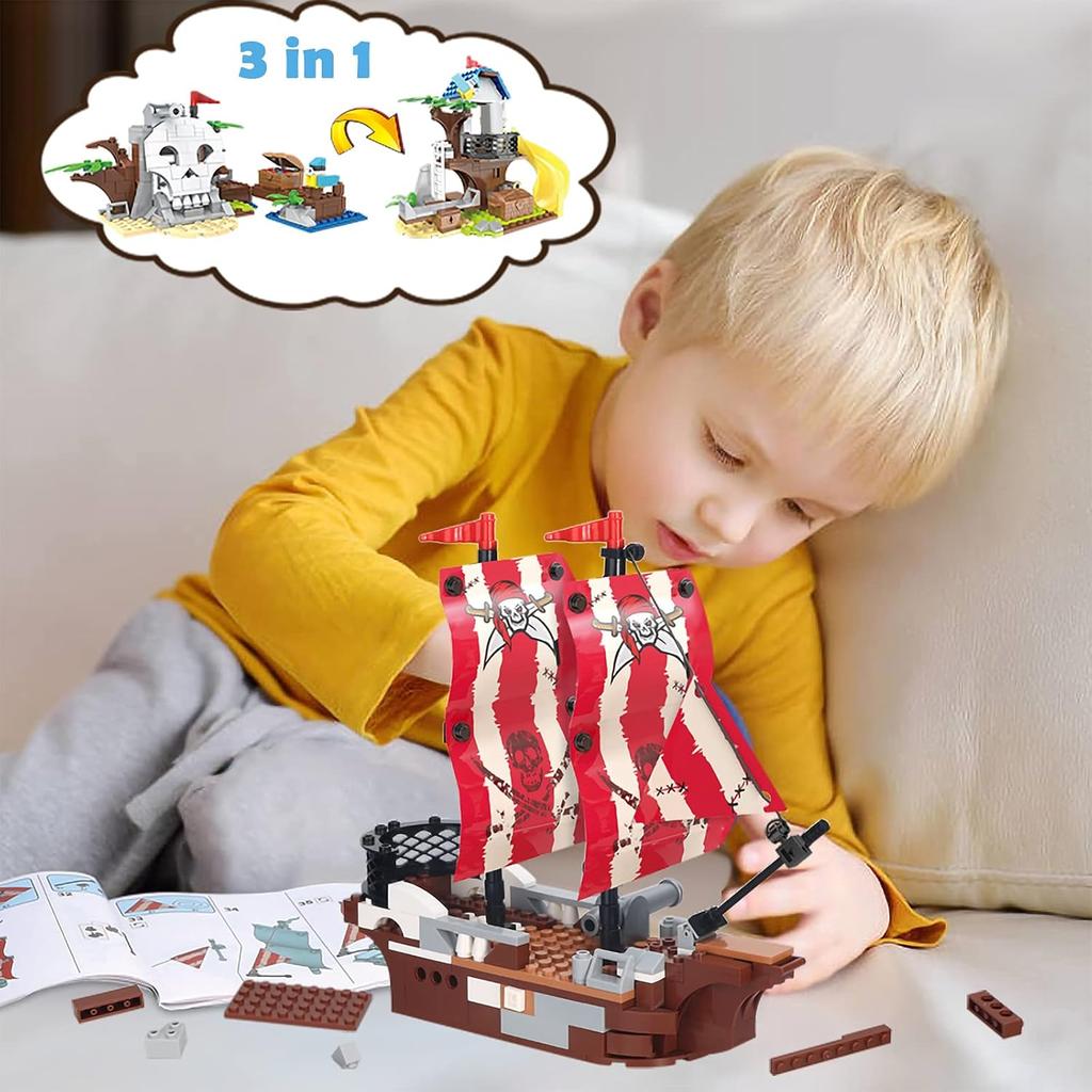 3in1 Pirate Ship Building Set with Treasure Island, Toy Pirates Island Building Kit, Outpost with Slide and Seesaw, Creative Playset Pirates Themed