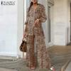 ZANZEA Women Long Sleeve Blouse and Pants Retro Print Casual Two Piece Suit Sets