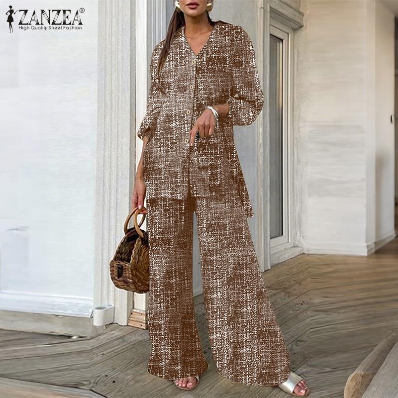 ZANZEA Women Long Sleeve Blouse and Pants Retro Print Casual Two Piece Suit Sets