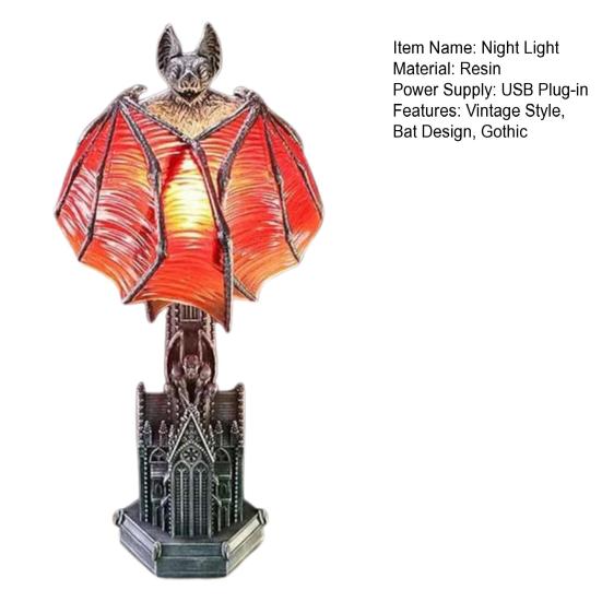 Bat Wings Lamp Gothic Wings of Night Halloween Lamp Vintage Bat Table Lamp with Red Glow Cathedral Base Night Light for Spooky Horror Room Witchy