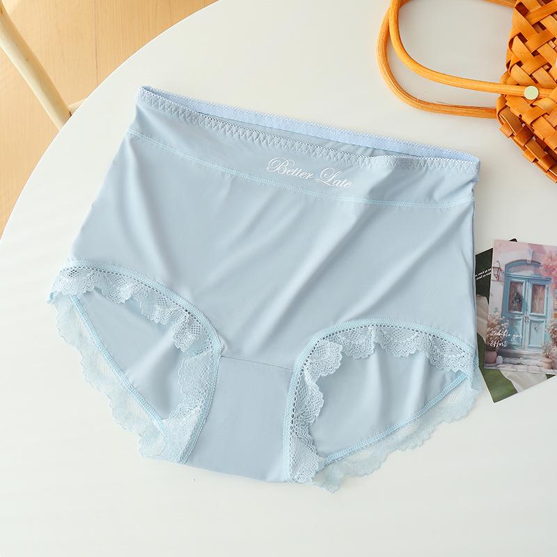 Ladies Summer Light and Thin Pure Lace No Trace Ice Silk Pure Cotton Crotch Breathable High Waist Close Belly Flat Angle Briefs