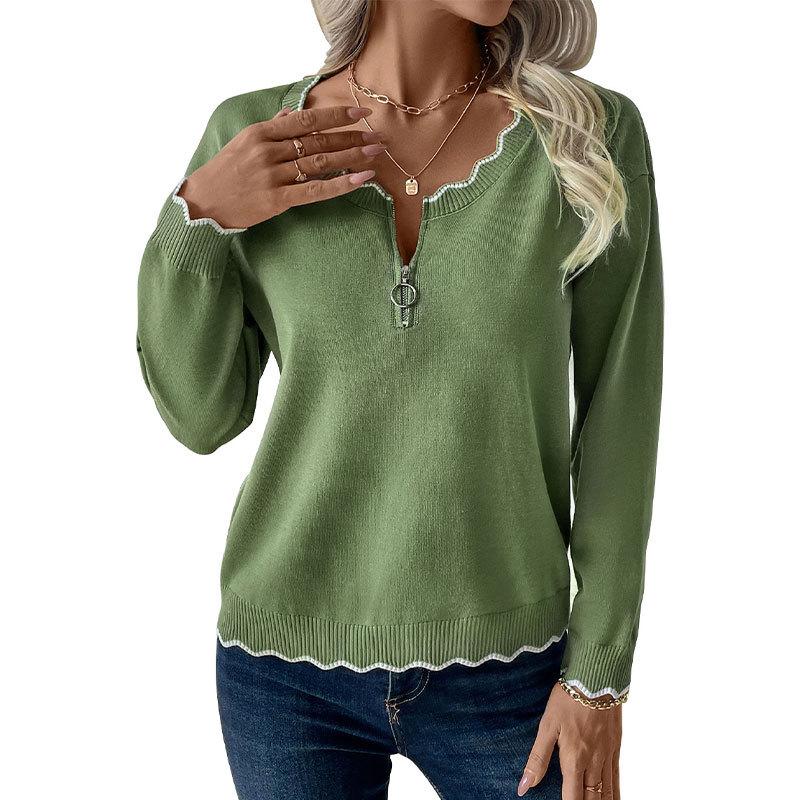 Autumn and Winter Zip Collision Side Knit Sweater Round Neck Casual Pullover Sweater