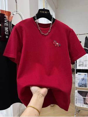 Korean Style Plus Size Red Little Horse Cartoon Embroidery Women's Half Sleeve T-shirt - Year of the Horse Edition