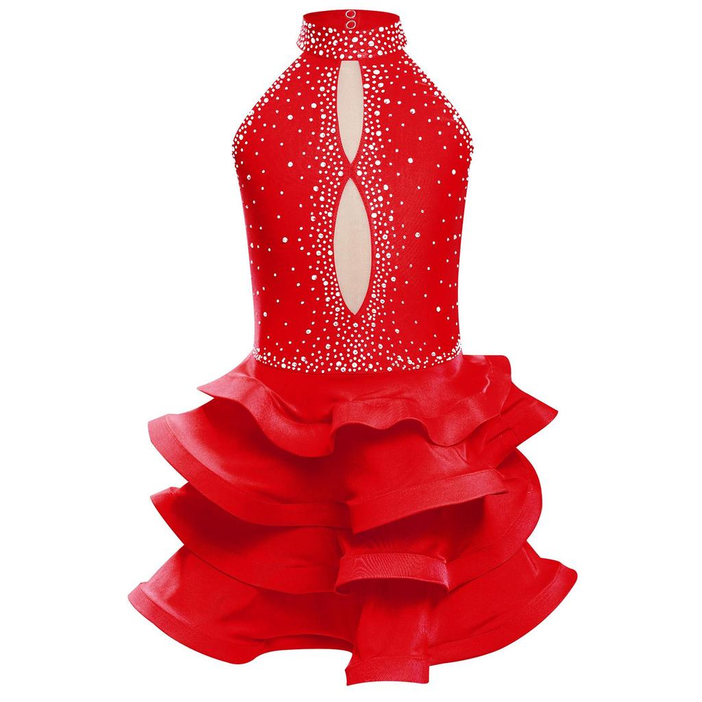 Dívčí latinské taneční šaty bez rukávů s odhalenými zády, lesklými kamínky a stupňovitou sukní, kostým na vystoupení, recitál