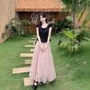 Women's Pink Polka Dot Mesh A-Line Skirt Set: High-Waisted, Slimming, Long Skirt for Early Summer.