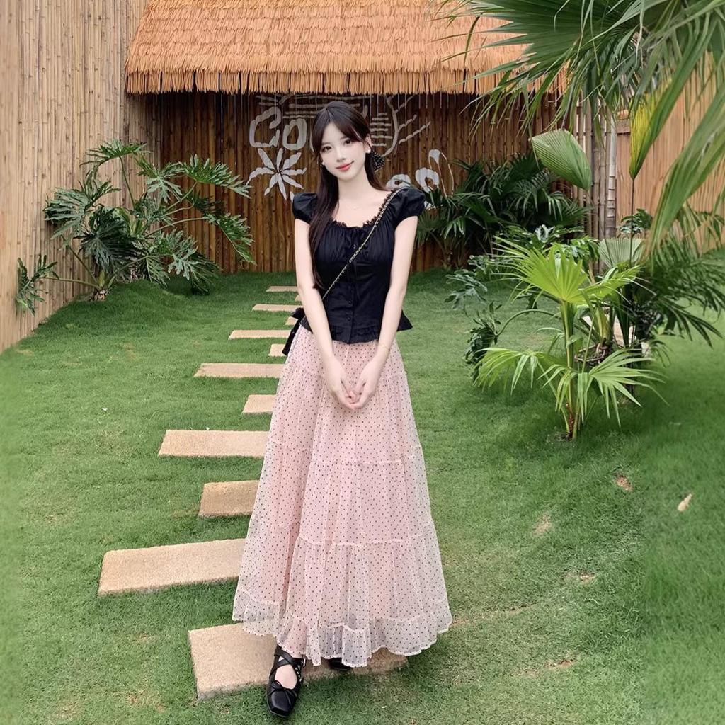 Women's Pink Polka Dot Mesh A-Line Skirt Set: High-Waisted, Slimming, Long Skirt for Early Summer.