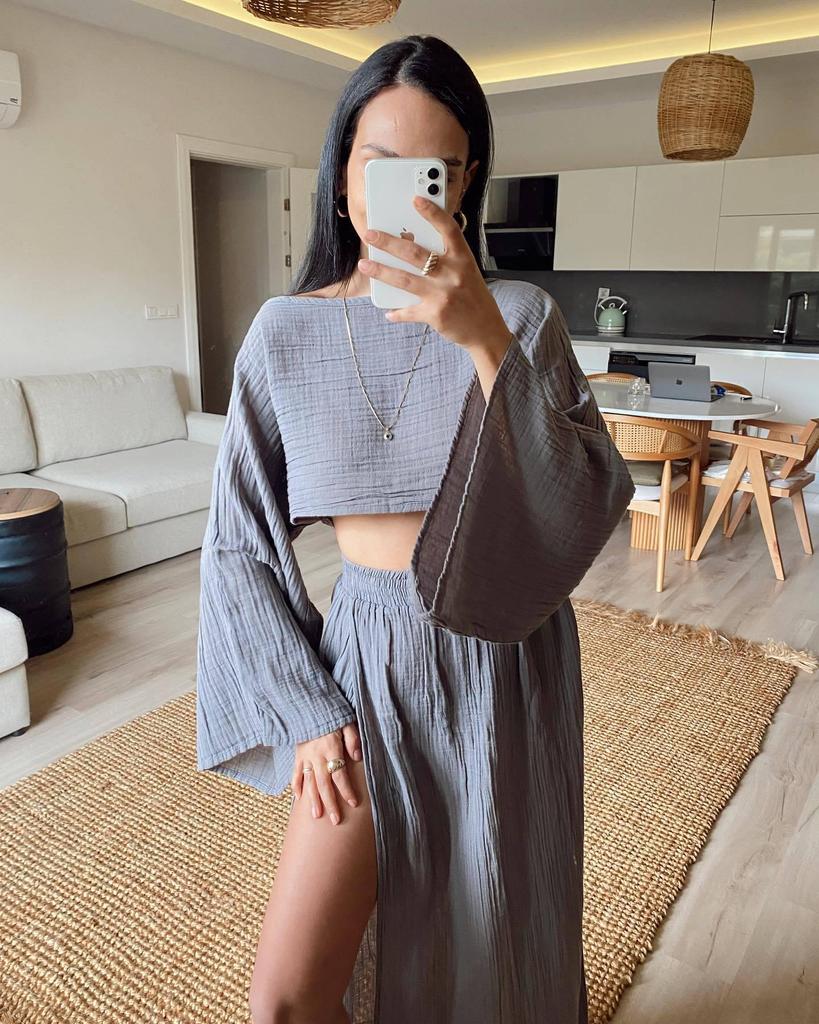 2024 Casual High Waist Linen-Cotton Two-Piece Suit with Slit Cropped Top