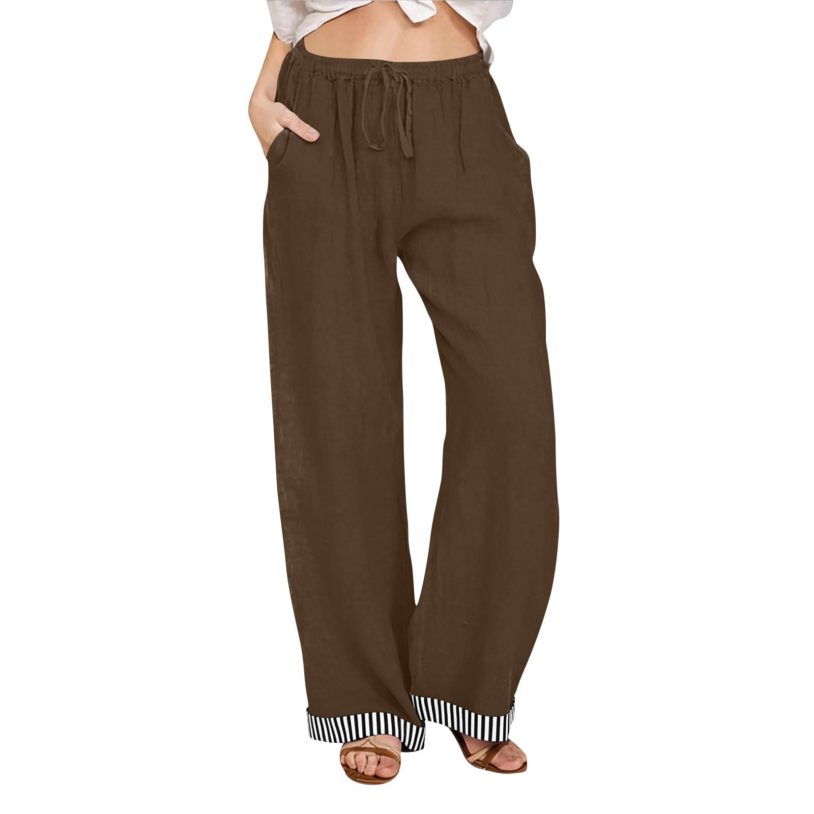 

Women Wide Leg Drawstring Waist Casual Pants with Striped Hem Loose Fit Lightweight Trousers with Pockets for Daily Wear L коричневый