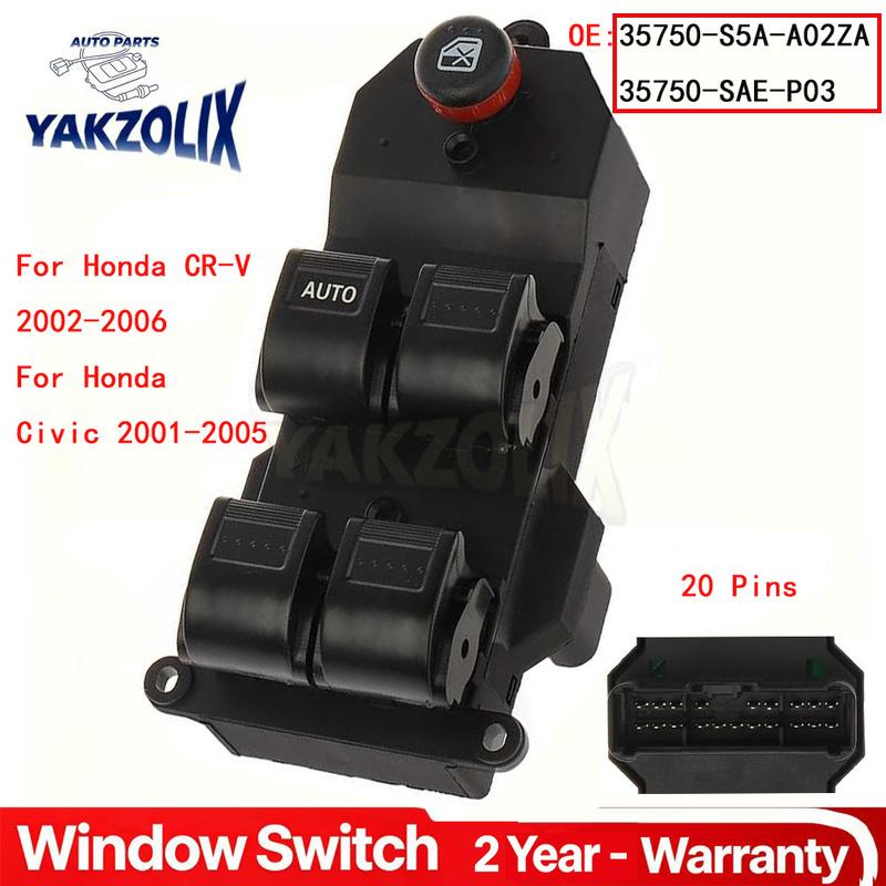 For Honda Civic CR-V 2001 2002 2003 2004 2005 2006 Power Window Control Switch Glass Lifter Regulator Button 35750-S5A-A02ZA