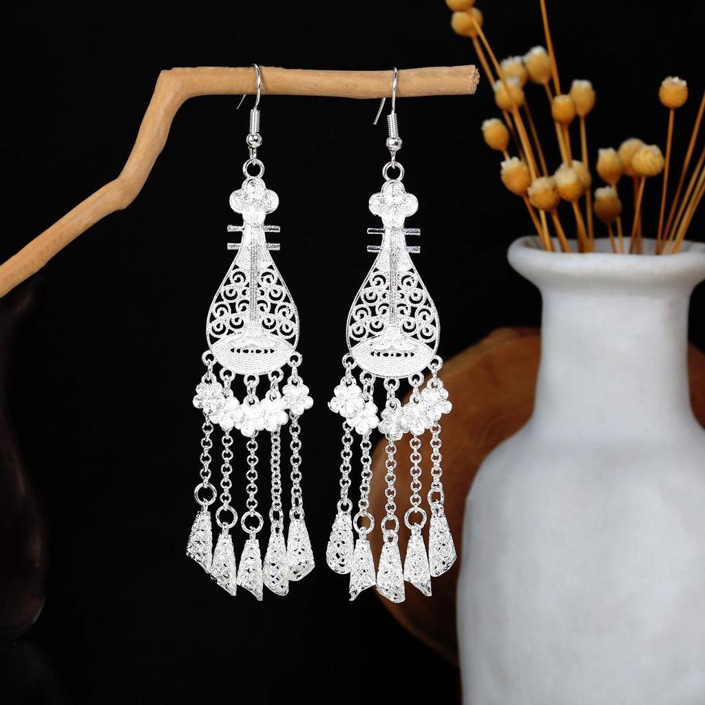 Miao Silver Tassel Earrings: Ethnic Style, Fashionable Exaggeration, Light Luxury Design