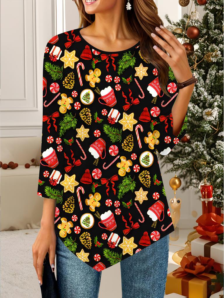 Women's Loose Round Neck Three Quarter Sleeve Tee 3D Christmas Pattern Ideal Halloween and Christmas Gift