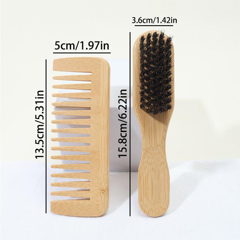 2-Piece Natural Bamboo Portable Mini Set - Boar Bristle Hair Brush & Natural Bamboo Wide-Tooth Comb, Palm-Sized Compact Design