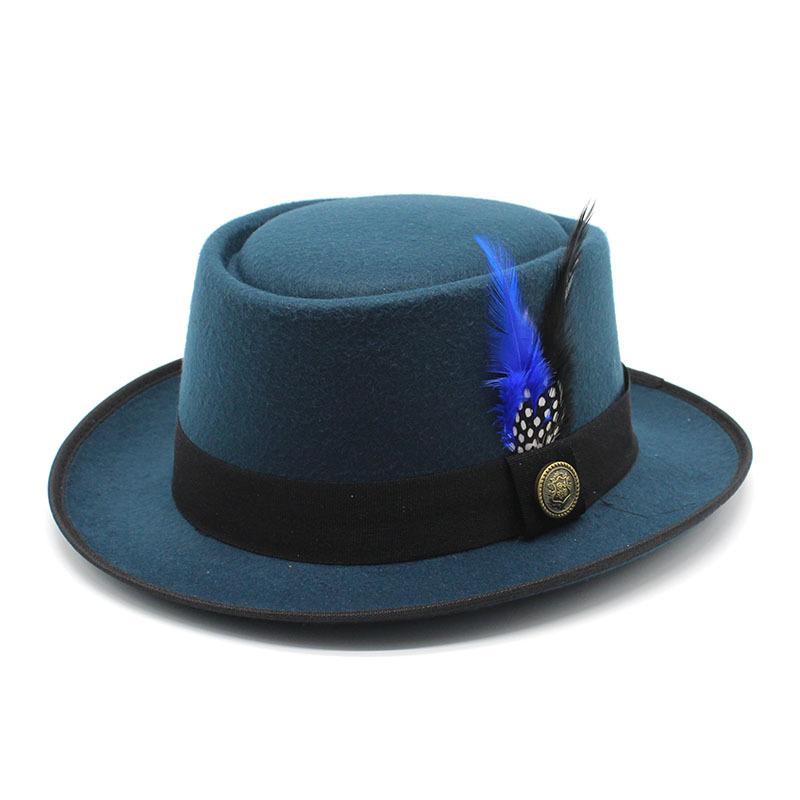 Men'S And Women'S Woolen Top Hats, Bowler Woolen Top Hats, Gentleman'S Jazz Hats, Black And Blue Feathers Czy-224