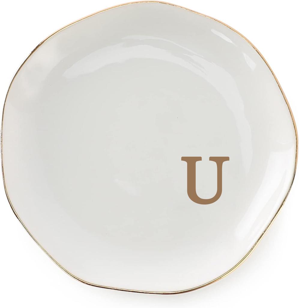 Initials Ring Dish Jewery Tray with Personalized A-Z Monogrammed Gifts Wedding Engagement for Women Friends sister,Ceramic White