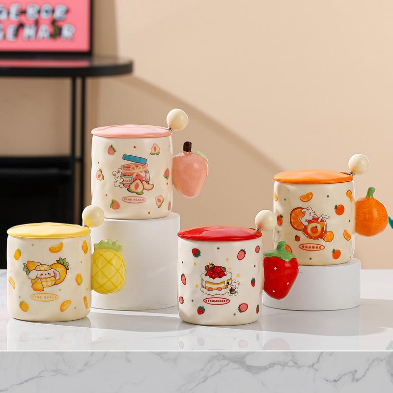 New High Value Fruit Mug with Lid Spoon Cute Ceramic Water Cup Office Home Coffee Cup