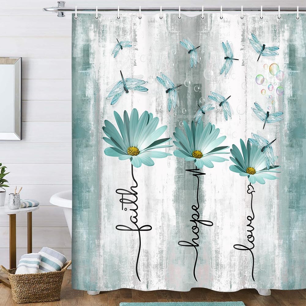 Rustic Farmhouse Blue Floral Shower Curtain, Farm Daisy Flowers And Butterfly Shower Curtain For Bathroom, Boho Shower Curtain W60H190(CM)-1 Pcs