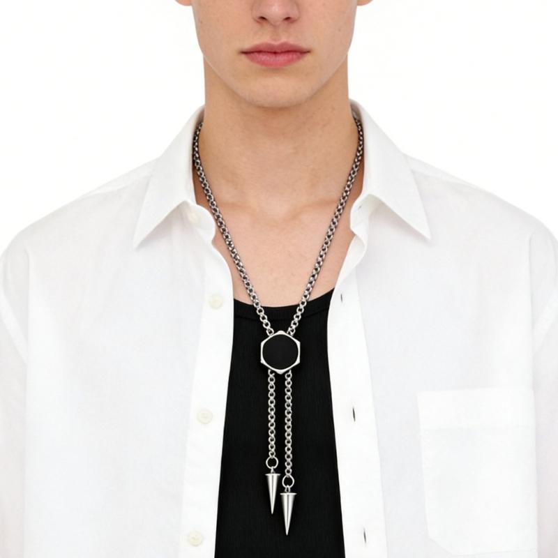 Stainless Steel Bolo Necklace With Hexagonal Pendant Detail For Lightweight Comfort In Casual And Business Settings