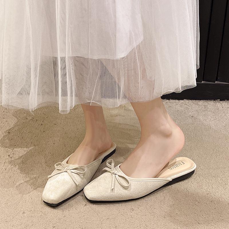 Fashion Suede Baotou Slippers Summer New Square Head Shallow Mouth Butterfly Knot Soft Sole Anti-slip Wear-resistant Flat Shoes