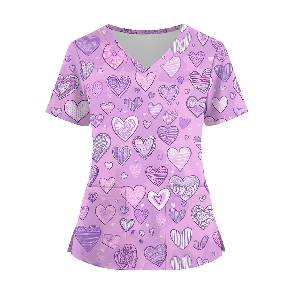 Damenmode V-Ausschnitt Kurzarm Overalls mit Taschen Print Tops Kleidung