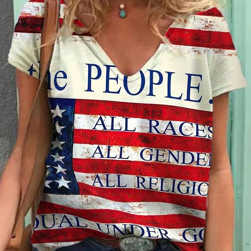 Summer V-neck 3D American Flag Printed Top Fashionable Casual Short Sleeved Women's T-shirts