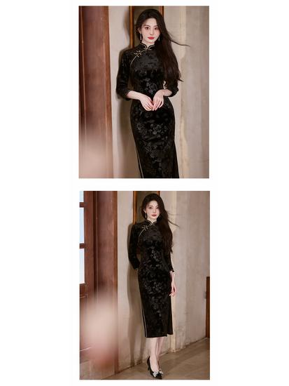 Bei Zhi Yun Black Retro Long Sleeve Cheongsam for Women - 2025 Autumn Collection, Youthful Style