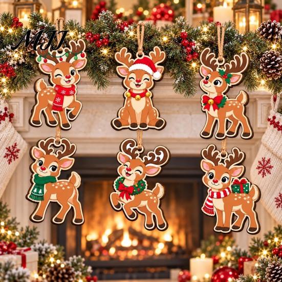 Holiday Hanging Decorations 6Pcs Wooden Reindeer Christmas Ornament, Cute Deer Decor Charms with Jute String, Tree Pendant for Home Shop Natural Wood
