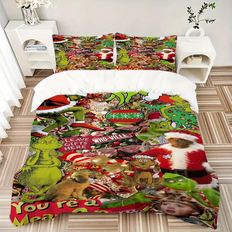 3Pcs Grinch Christmas Collage Bedding Set Quilt Cover Pillowcase Home Christmas Xmas Halloween Gift 1 Duvet Cover 2 Pillowcase S921603