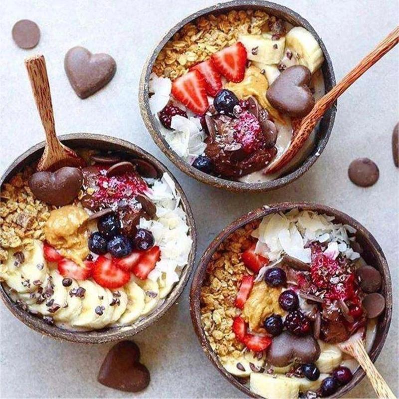 12-15cm Natural Coconut Bowl Set Wooden Salad Ramen Bowl Coconut Wood Spoon Set Coco Smoothie Kitchen Tableware Coconut Bowl