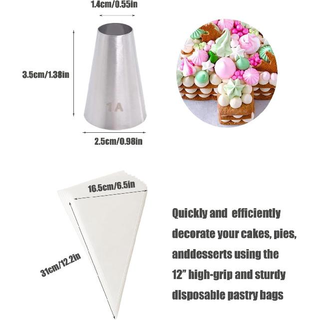 1A Piping Tips and Bags, 3 Large 1A Frosting Tips & 20 Disposable 12" Bags for Swirls, Macarons, Eclairs & More
