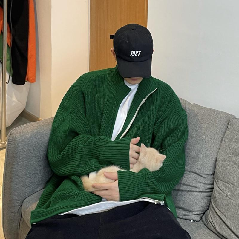 

Мужской вязаный свитер-куртка оверсайз зеленого цвета на молнии со стойкой на осень/зиму Extra Large зелёный