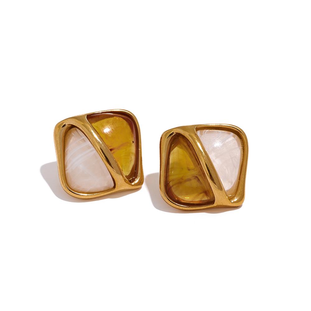 Yhpup Stainless Steel Caramel Resin Square Stud Earrings Statement Metal Waterproof Vintage Stylish France Jewelry Bijoux Femme