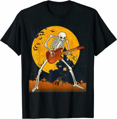Skeleton Guitarist Under The Moon Funny Halloween Band Gift T-Shirt 100% Cotton O-Neck Summer Short Sleeve Casual Mens T-shirt
