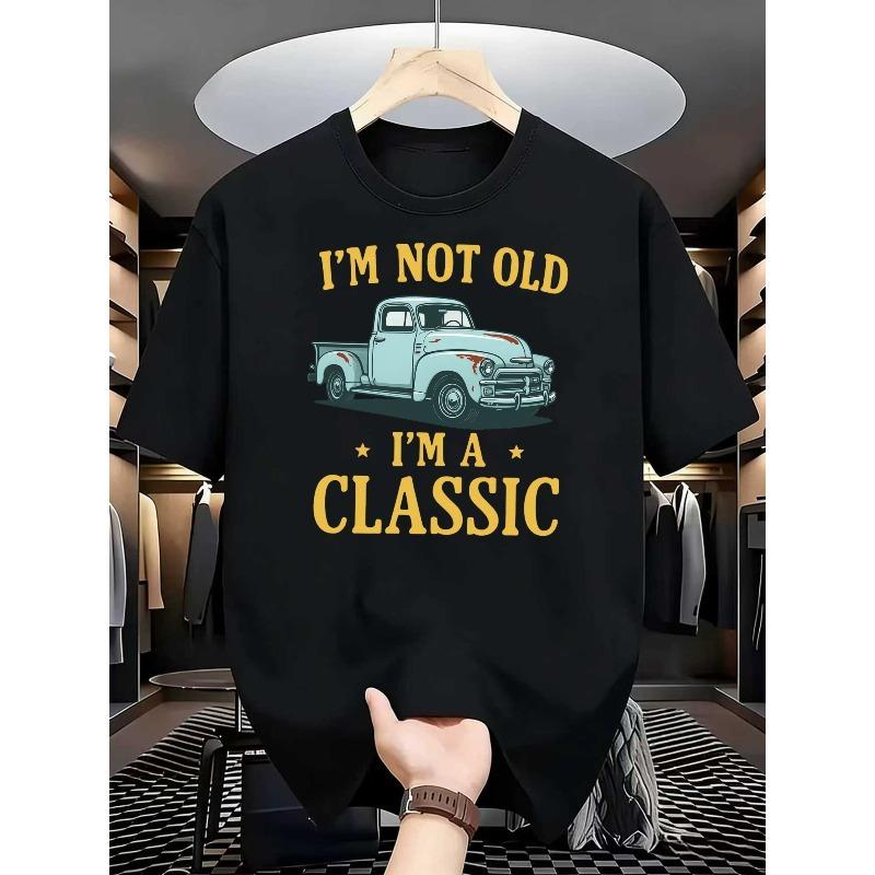 European sizes Men's Retro Blue Pickup Truck Graphic T-Shirt - "I'M Not Old, I'M Classic" Design, Casual Crew NecK
