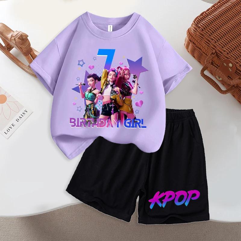 Summer Demon Hunters Purple T-shirt Shorts Suit for Girls Cartoon Number 3D Printed Short-sleeved Top