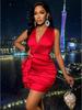 Elegant Red Satin Deep V Waist-Cinching Ruffle Mini Dress for Banquets and Events